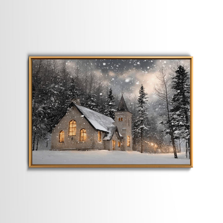 Frosted Sanctuary – Framed Canvas Print – Christian Wall Art – Christmas Canvas Wall Art – Christian Christmas Art – Moody Christmas Art –