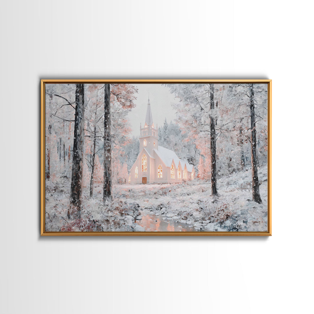 Winter Chapel Glow – Framed Canvas Print – Christian Wall Art – Christmas Art Prints – Christian Christmas Decor – Modern Christmas Art – C