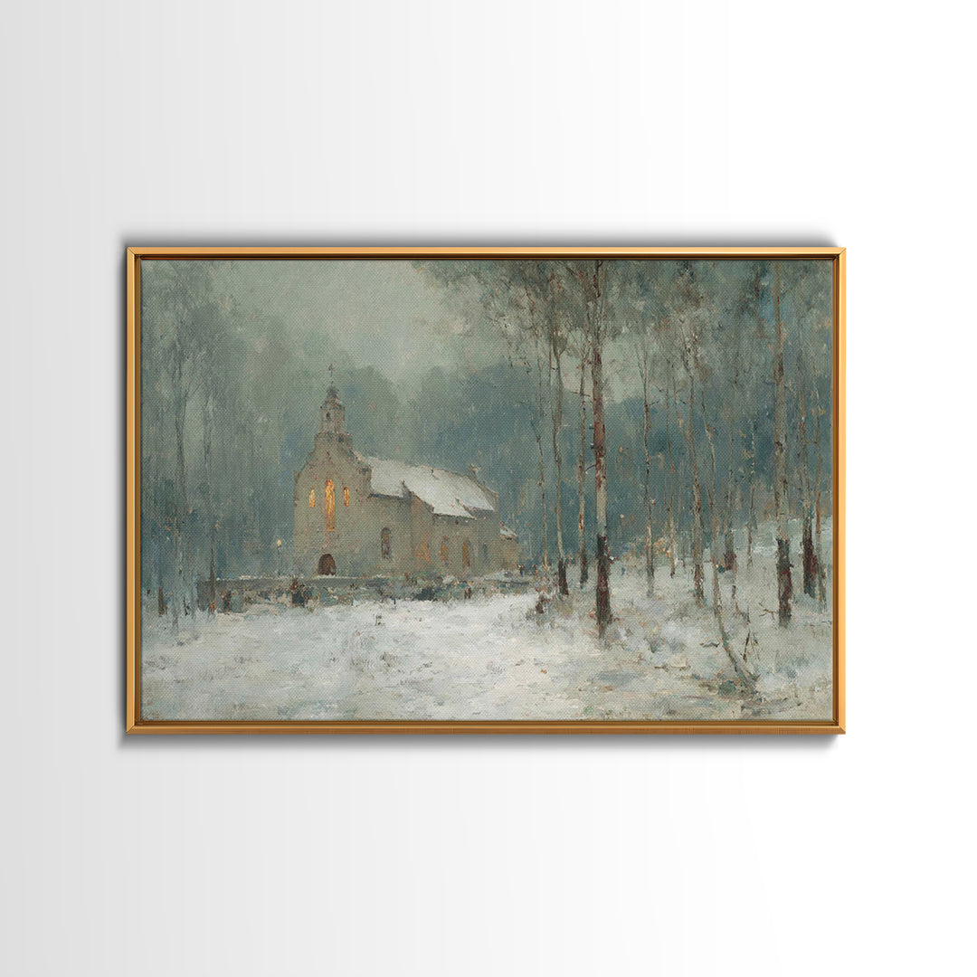 Frosted Church Peace – Framed Canvas Print – Christian Wall Art – Vintage Christian Art – Christmas Art Framed – Christian Christmas Art –