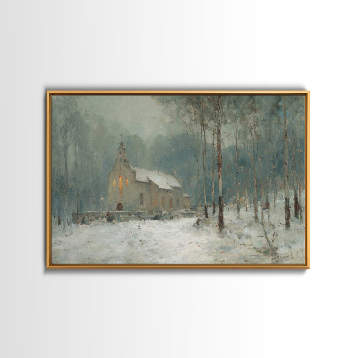 Frosted Church Peace – Framed Canvas Print – Christian Wall Art – Vintage Christian Art – Christmas Art Framed – Christian Christmas Art –