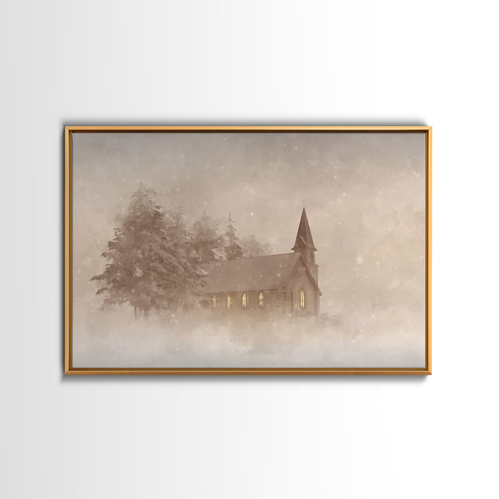 Misty Chapel Grace | Framed Canvas Print | Christian Wall Art | Christian Art Painting | Christmas Art Prints | Christian Decoration | Mode