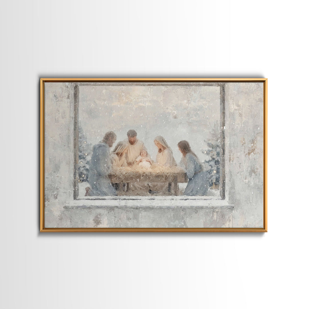 Holy Night Gathering Light – Framed Canvas Print – Christian Wall Art – Christian Art Canvas – Jesus Painting – Christian Christmas Art