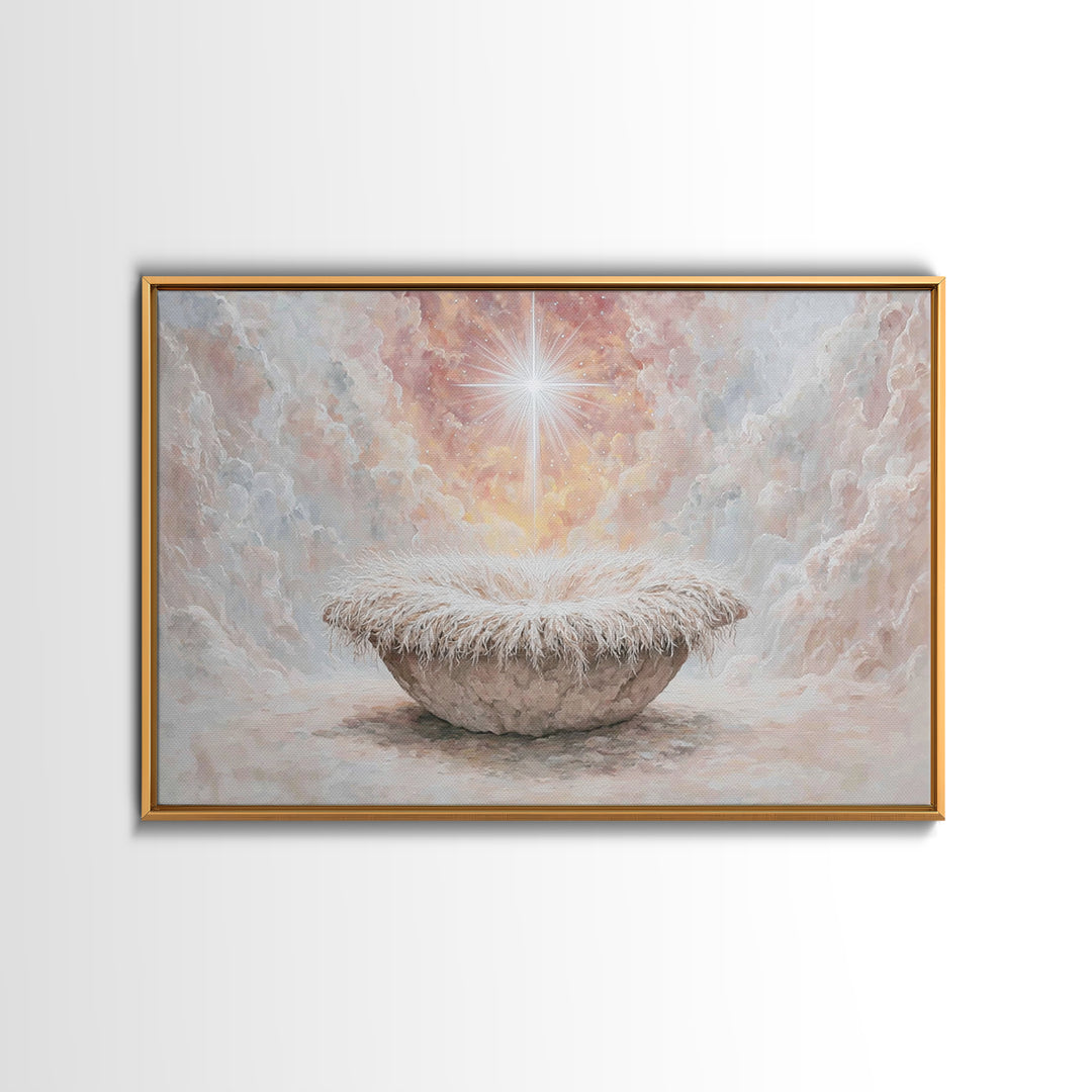 Heavenly Cradle Glow – Framed Canvas Print – Christian Art Canvas – Framed Christian Art – Christmas Wall Art – Vintage Christmas Art