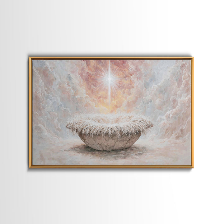 Heavenly Cradle Glow – Framed Canvas Print – Christian Art Canvas – Framed Christian Art – Christmas Wall Art – Vintage Christmas Art