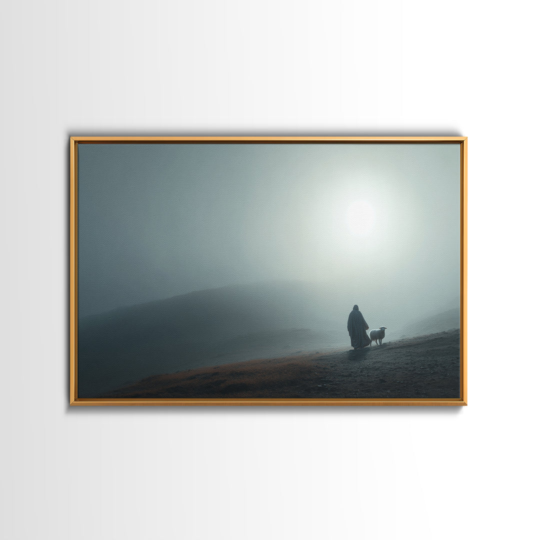 Misty Valley Shepherd – Framed Canvas Print – Christian Art Painting – Christian Decor – Blue Christian Art – Large Jesus Wall Art