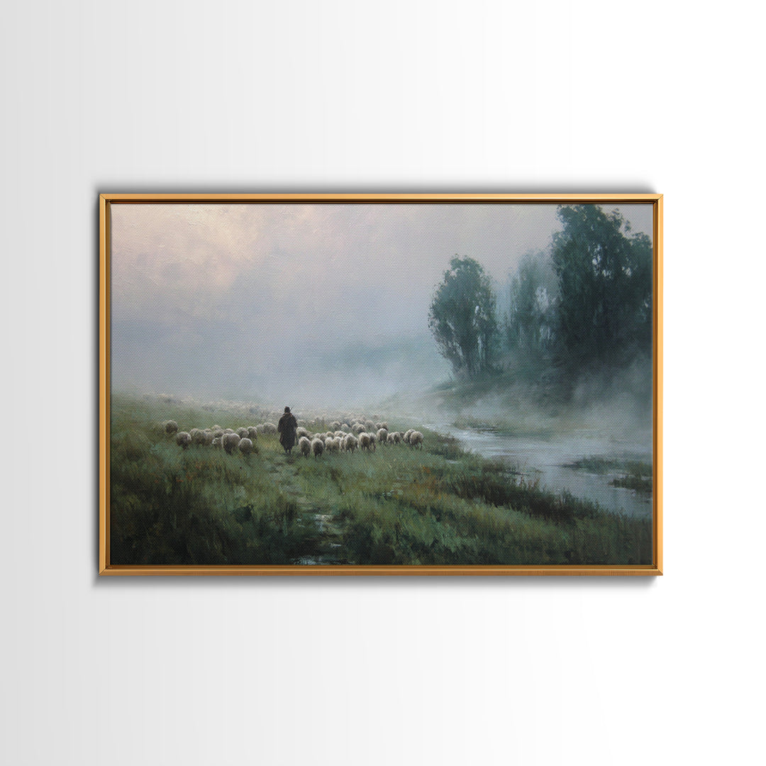 Misty River Flock | Framed Canvas Print | Christian Wall Art | Christian Painting | Christian Art Canvas | Subtle Christian Art | Christian