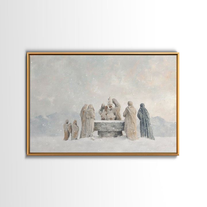 Snowfall Reverence – Framed Canvas Print – Christian Wall Art – Christian Art Canvas – Christmas Art – Jesus Christmas Art – Christian Gift