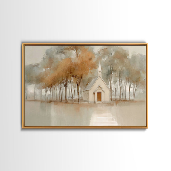 Evening Chapel Glow, Framed Canvas Print, Christian Wall Art, Christian Art Canvas, Moody Christmas Art, Christian Christmas Decor, Christi