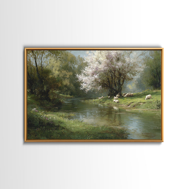 Spring Pasture Peace – Framed Canvas Print – Christian Wall Art – Christian Art Canvas – Pastoral Scenery – Christian Painting – Christian