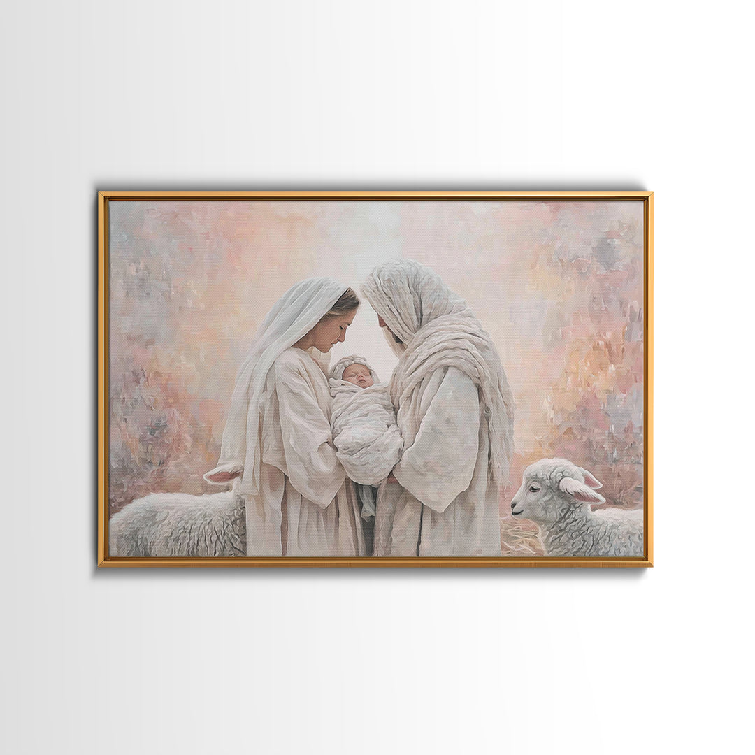 Wooden Nativity Glow, Framed Canvas Print, Christian Art Canvas, Christian Wall Art, Jesus Painting, Christian Christmas Art, Christmas Art