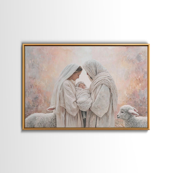 Wooden Nativity Glow, Framed Canvas Print, Christian Art Canvas, Christian Wall Art, Jesus Painting, Christian Christmas Art, Christmas Art
