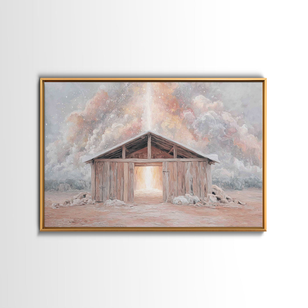 Heaven’s Stable Fire, Framed Canvas Print, Christian Art Canvas, Christian Wall Art, Christian Christmas Art, Christmas Art Prints, Jesus P