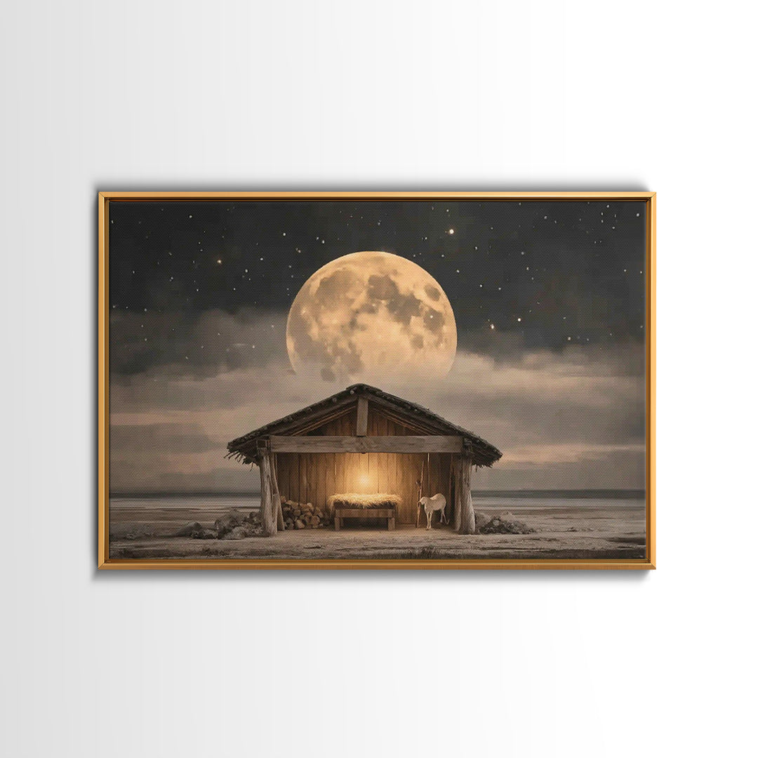 Starlit Holy Shelter, Framed Canvas Print, Christian Christmas Art, Jesus Painting, Christian Wall Art, Christmas Art Prints, Christian Art