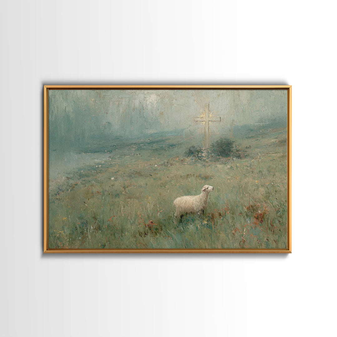Hillside Lamb Hope – Framed Canvas Print – Christian Christmas Art – Christian Wall Art – Jesus Painting – Christian Art Canvas – Vintage C