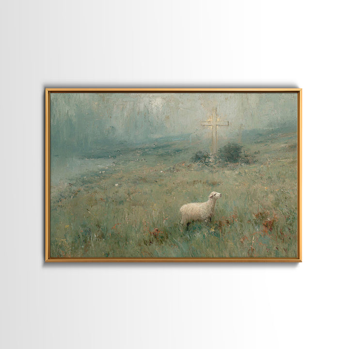 Hillside Lamb Hope – Framed Canvas Print – Christian Christmas Art – Christian Wall Art – Jesus Painting – Christian Art Canvas – Vintage C