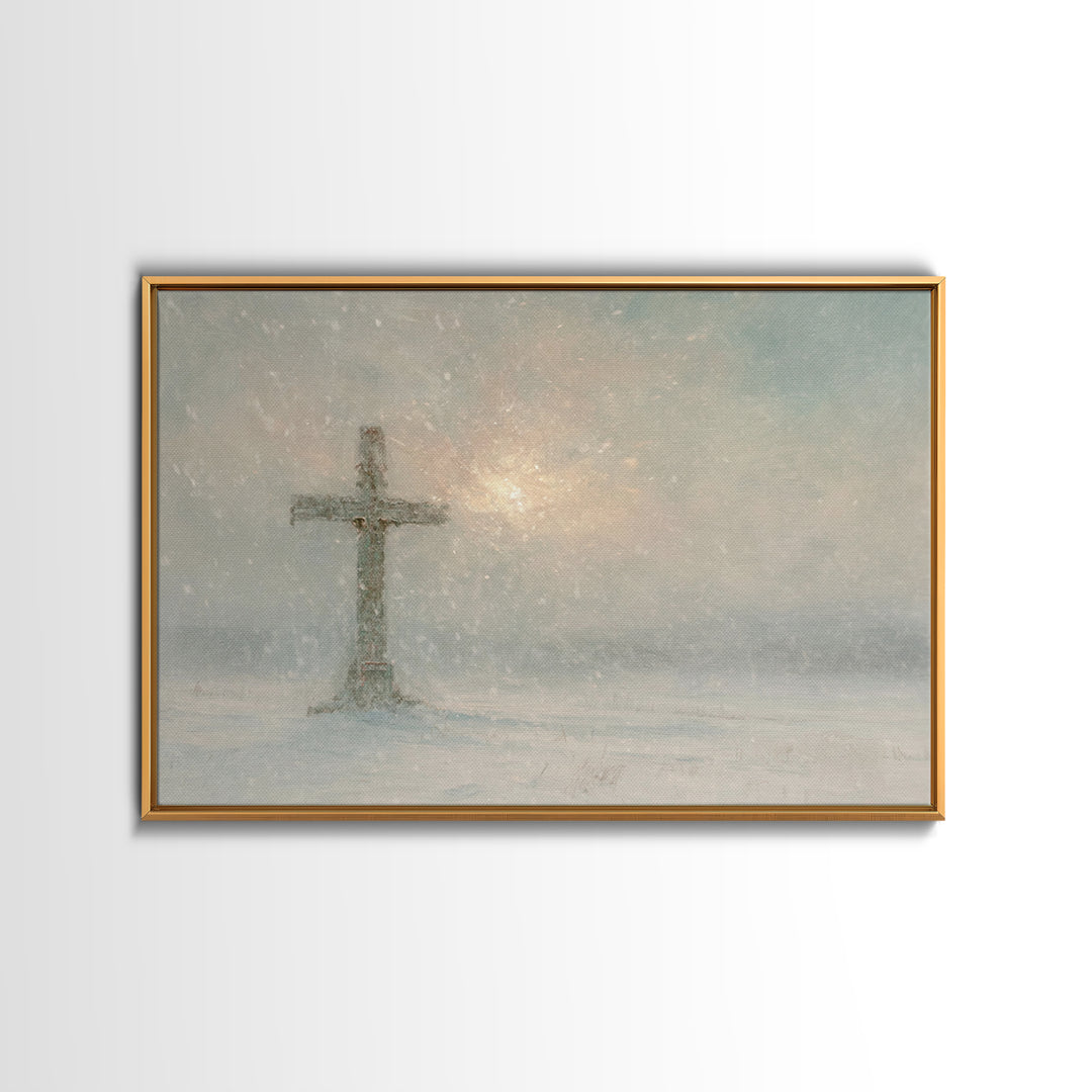 Silent Cross Snow – Framed Canvas Print – Christian Christmas Art – Christian Art Canvas – Christian Wall Art – Subtle Christian Art – Chri
