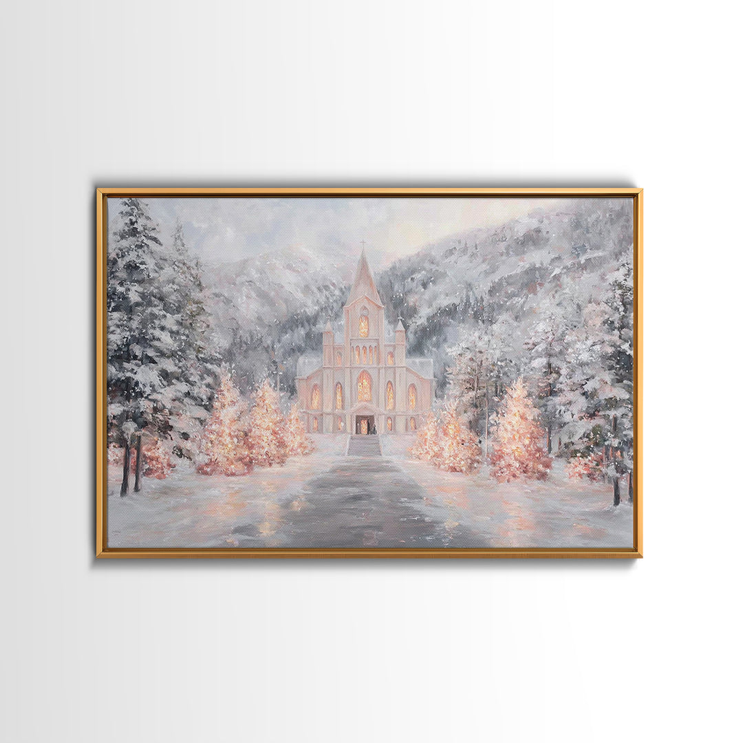 Mountain Chapel Light, Framed Canvas Print, Christmas Wall Art, Christian Art Canvas, Framed Christmas Art, Christian Christmas Art, Christ