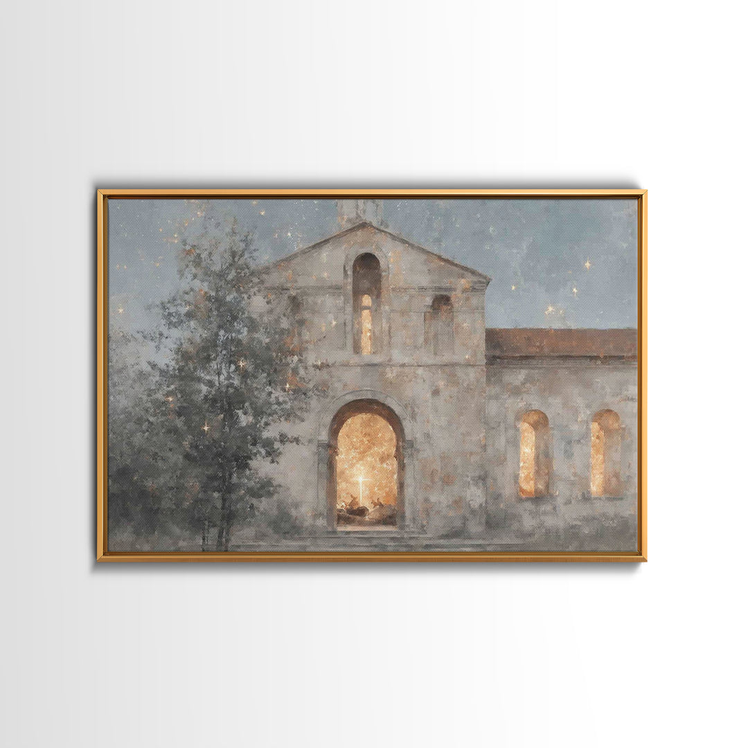 Starry Chapel Glow – Framed Canvas Print – Christian Wall Art – Christian Art Canvas – Christmas Art – Christian Christmas Decor – Jesus Ch