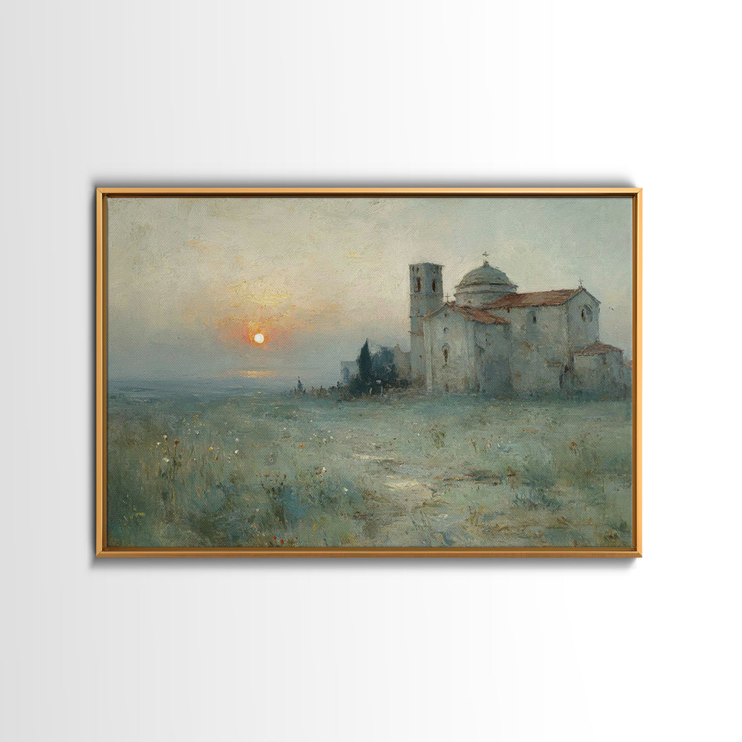 Sunrise By The Chapel – Framed Canvas Print – Christian Wall Art – Christian Art Canvas – Vintage Christian Art – Christian Art Prints – Ch