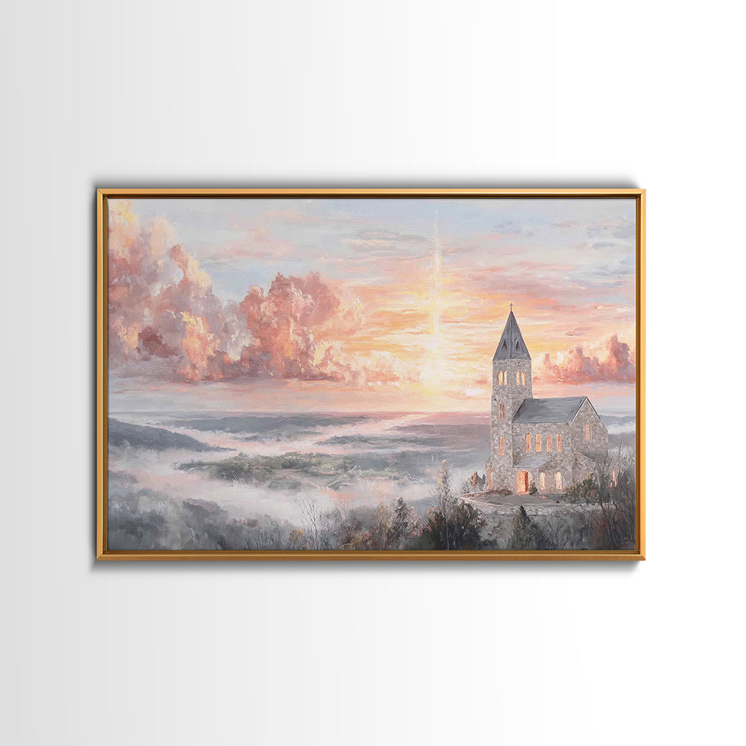 Dawn Over The Steeple, Framed Canvas Print, Christian Wall Art, Christian Art Canvas, Christian Art, Christian Decorations, Christian Gift