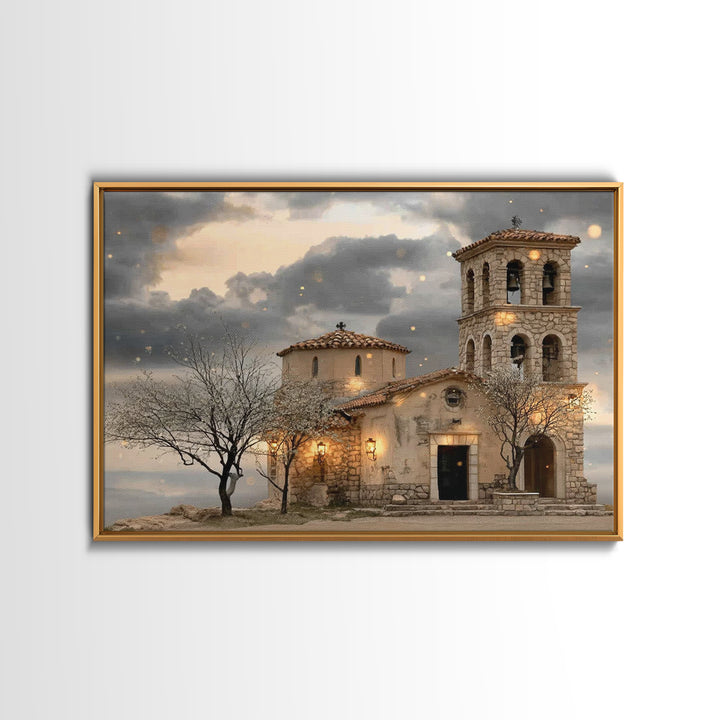 Stone Chapel Glow | Framed Canvas Print | Christian Wall Art | Christian Art Canvas | Vintage Christian Art | Christmas Art | Christian Chr