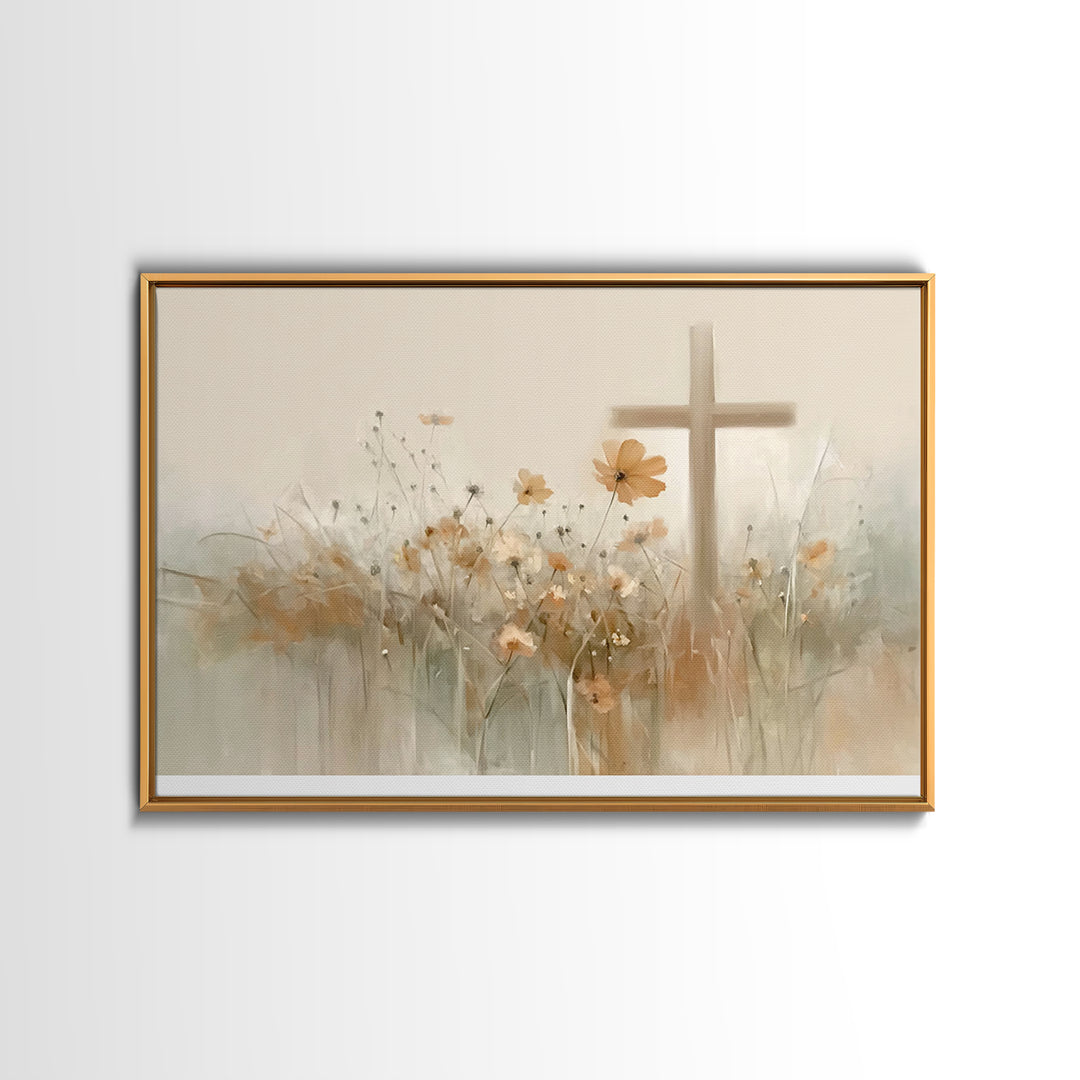 Meadow Cross Hope - Framed Canvas Print - Christian Painting - Christian Art Canvas - Minimalist Christian Art - Christian Wall Art