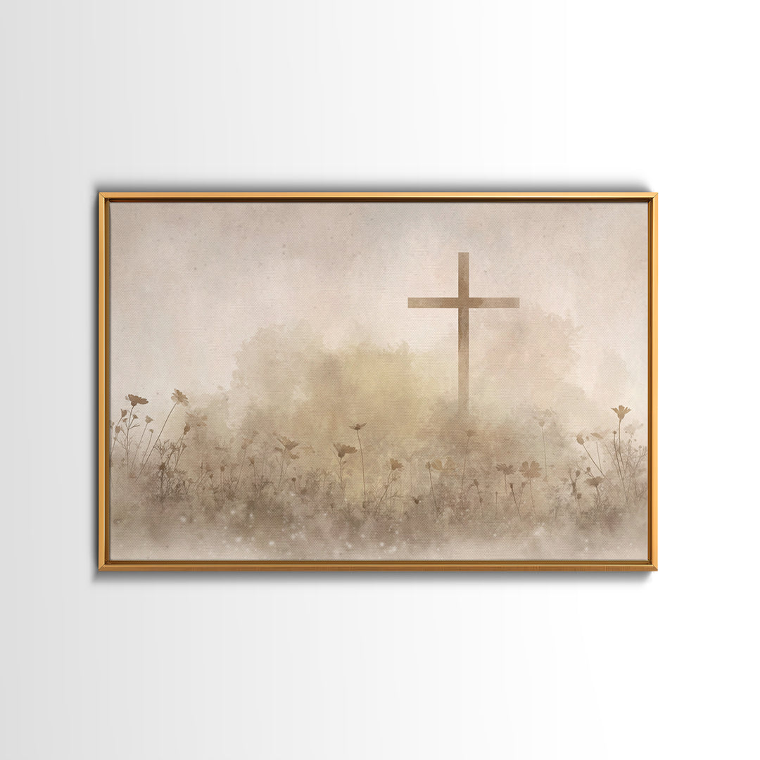 Desert Bloom Cross - Framed Canvas Print - Minimalist Christian Art - Christian Art Canvas - Christian Wall Art - Christian Painting