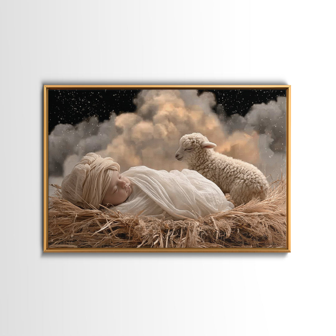 Starry Manger Peace, Framed Canvas Print, Christian Christmas Art, Christian Art Canvas, Christian Wall Art, Moody Christmas Art