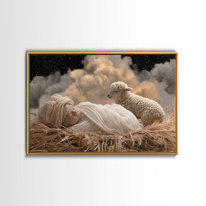 Starry Manger Peace, Framed Canvas Print, Christian Christmas Art, Christian Art Canvas, Christian Wall Art, Moody Christmas Art