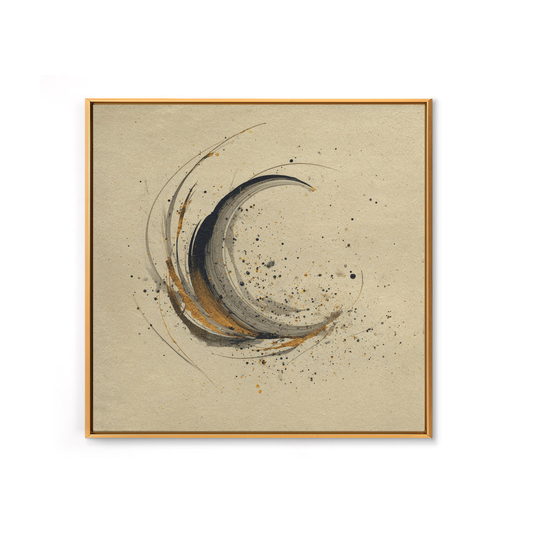 Crescent Moon Made from Elegant Ink Swashes Framed Canvas Print, Calligraphy Art, Japanese Decor, Living Room Decor, Script, CAL-1x1-21