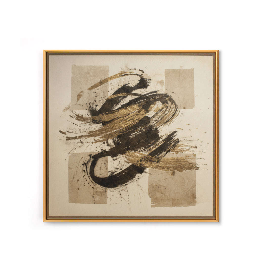Abstract Gold Calligraphic Strokes on Ivory Paper Canvas Print, Calligraphy Art, Boho Decor, Living Room Decor, Script, CAL-1x1-98