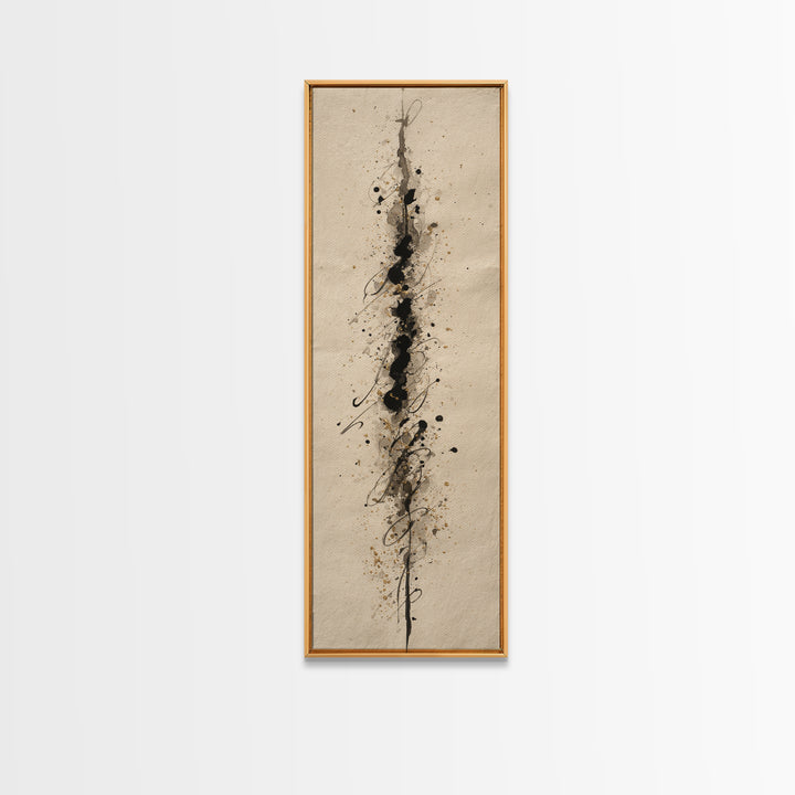 Ink Splatter and Long Brushstroke Composition Canvas Print, Calligraphy Art, Bedroom Wall Decor, Living Room Decor, Script, CAL-1x3-100