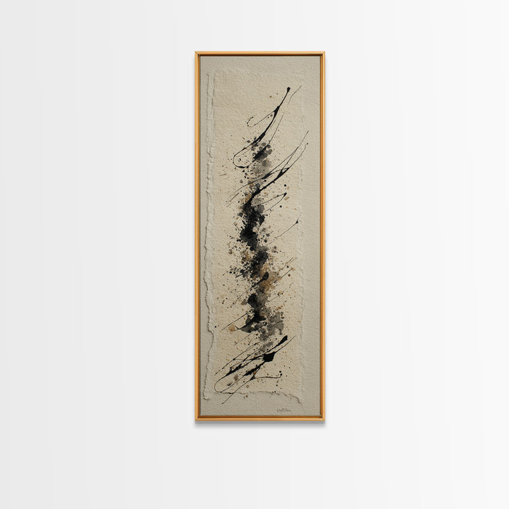 Ink Splatter and Long Brushstroke Composition Framed Canvas Print, Calligraphy Art, Fine Art Print, Living Room Decor, Script, CAL-1x3-4