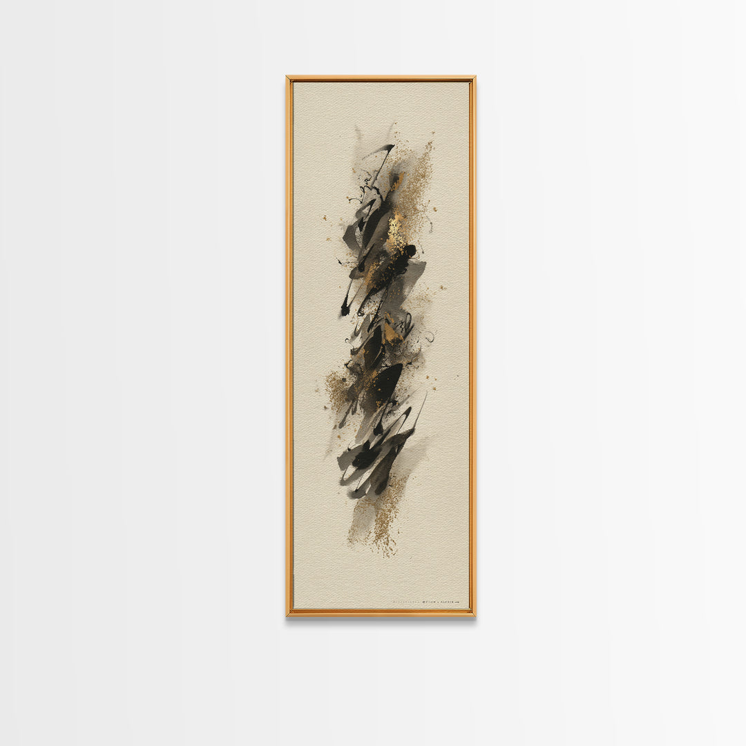 Abstract Gold Calligraphic Strokes on Ivory Paper Canvas Print, Calligraphy Art, Neutral Decor, Living Room Decor, Script, CAL-1x3-62