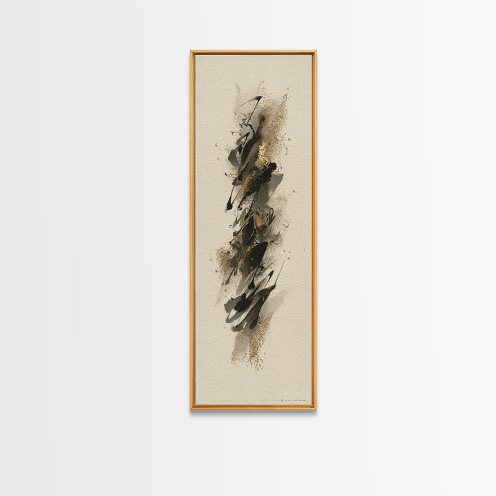 Abstract Gold Calligraphic Strokes on Ivory Paper Canvas Print, Calligraphy Art, Neutral Decor, Living Room Decor, Script, CAL-1x3-62