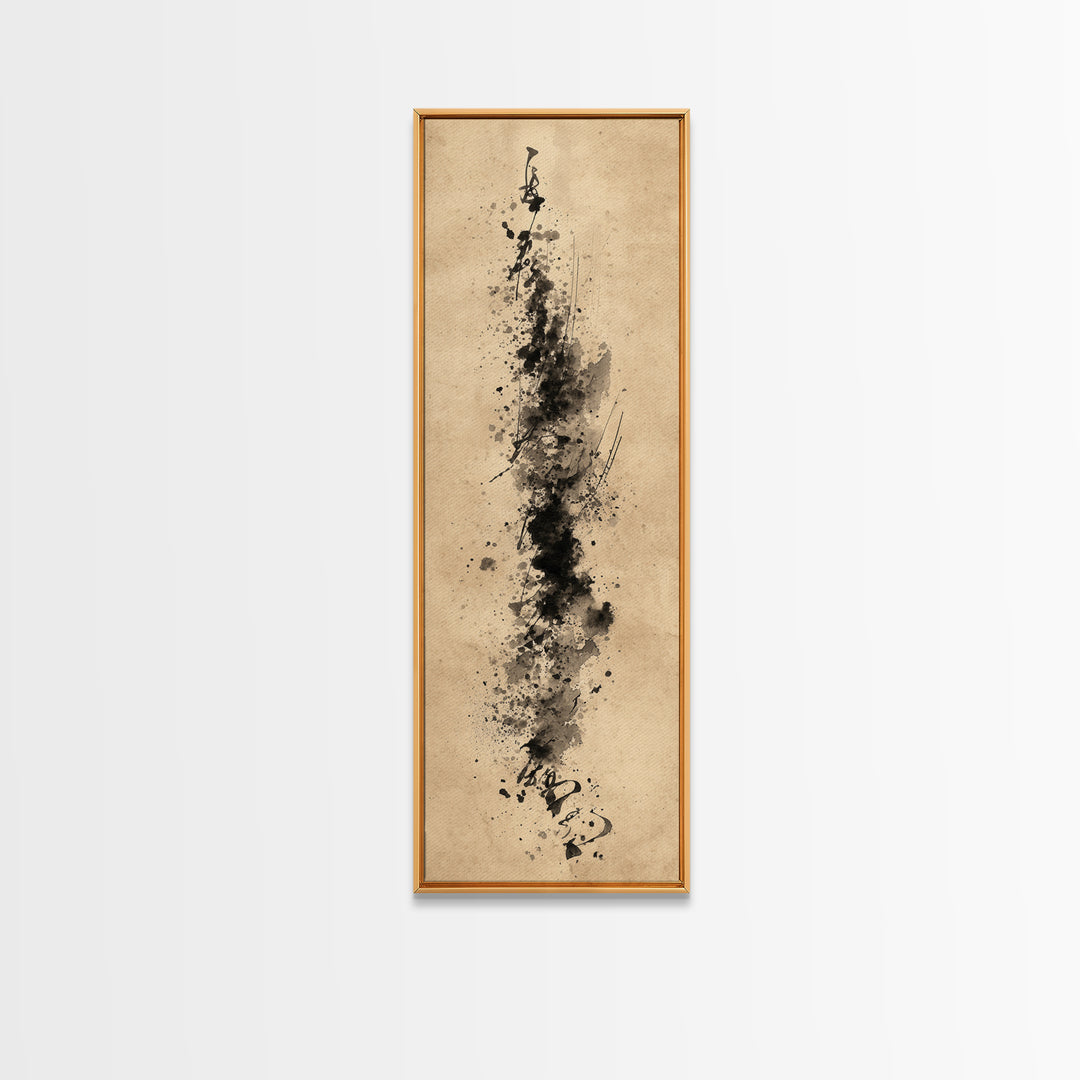 Ink Splatter and Long Brushstroke Composition Framed Canvas Print, Calligraphy Art, Calligraphy, Living Room Decor, Script, CAL-1x3-76