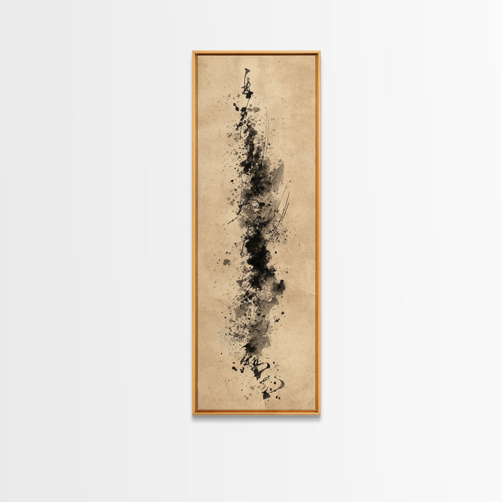 Ink Splatter and Long Brushstroke Composition Framed Canvas Print, Calligraphy Art, Calligraphy, Living Room Decor, Script, CAL-1x3-76