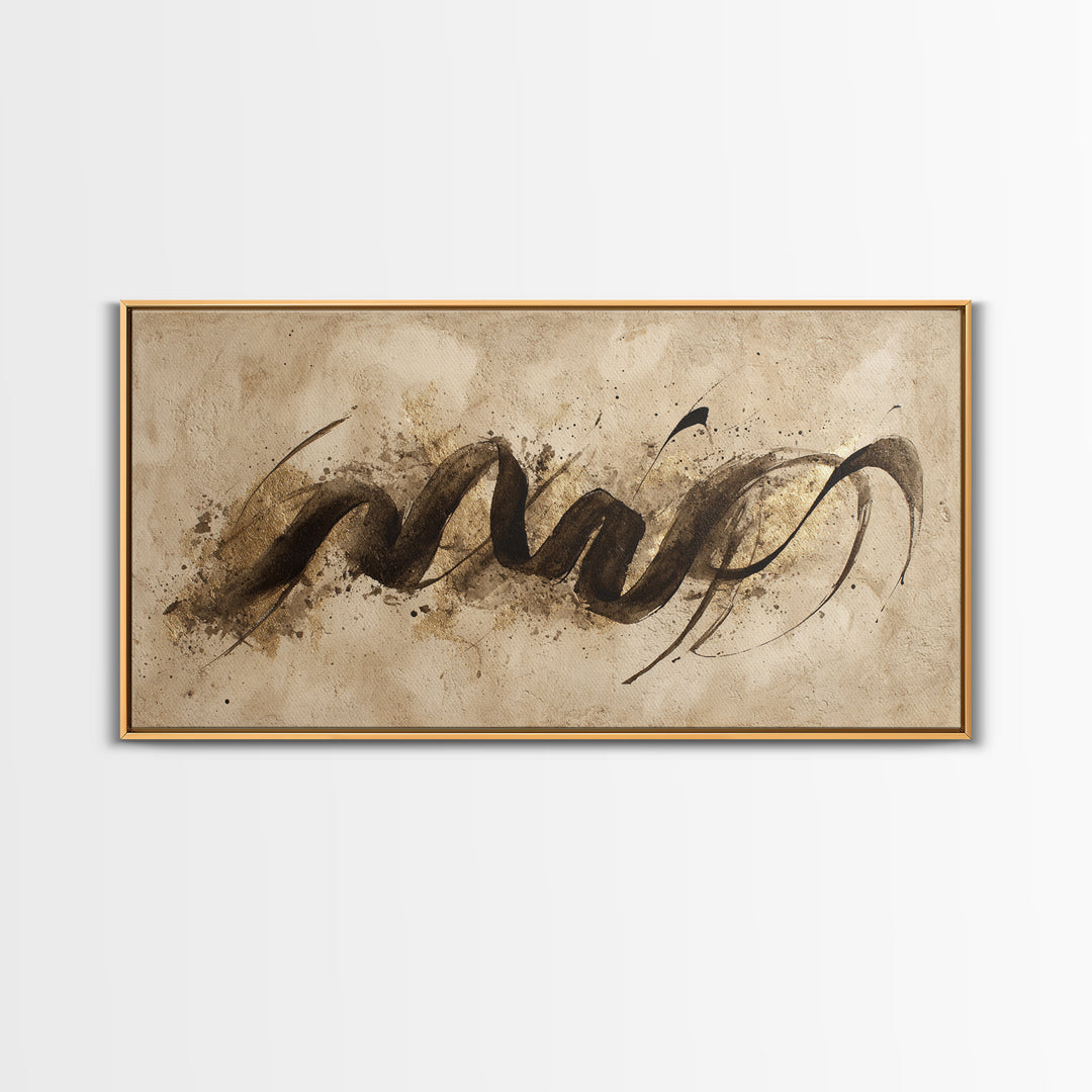 Gold Leaf Calligraphic Spiral on Plaster Surface Canvas Print, Calligraphy Art, Art Print, Living Room Decor, Script, CAL-2x1-10