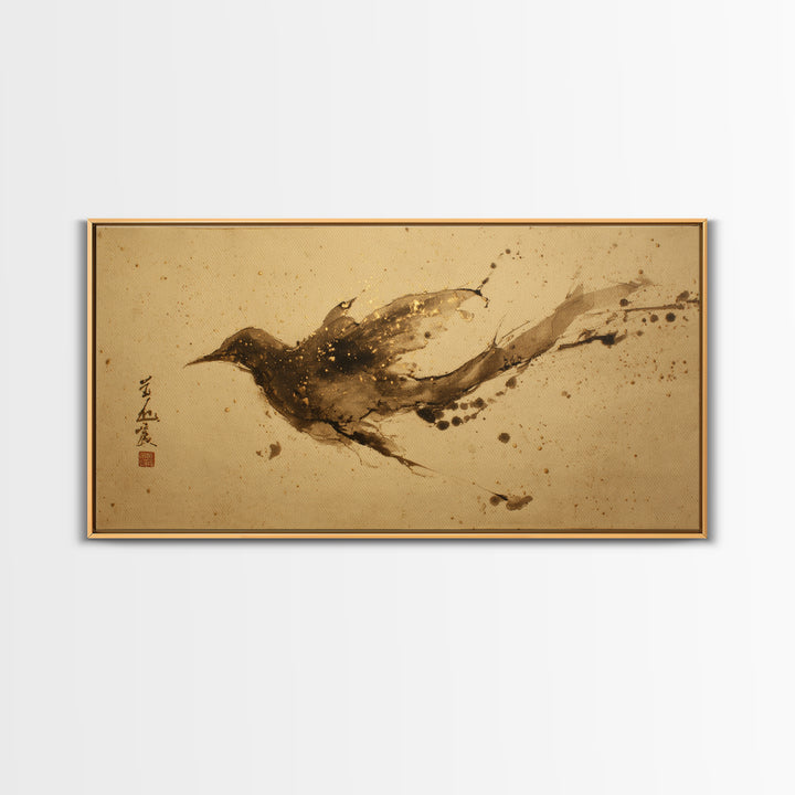 Calligraphic Bird Shape Formed from Flowing Lines Framed Canvas Print, Calligraphy Art, Modern Art, Living Room Decor, Script, CAL-2x1-100
