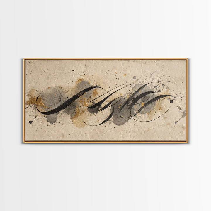 Ink Splatter and Long Brushstroke Composition Framed Canvas Print, Calligraphy Art, Art Print, Living Room Decor, Script, CAL-2x1-12
