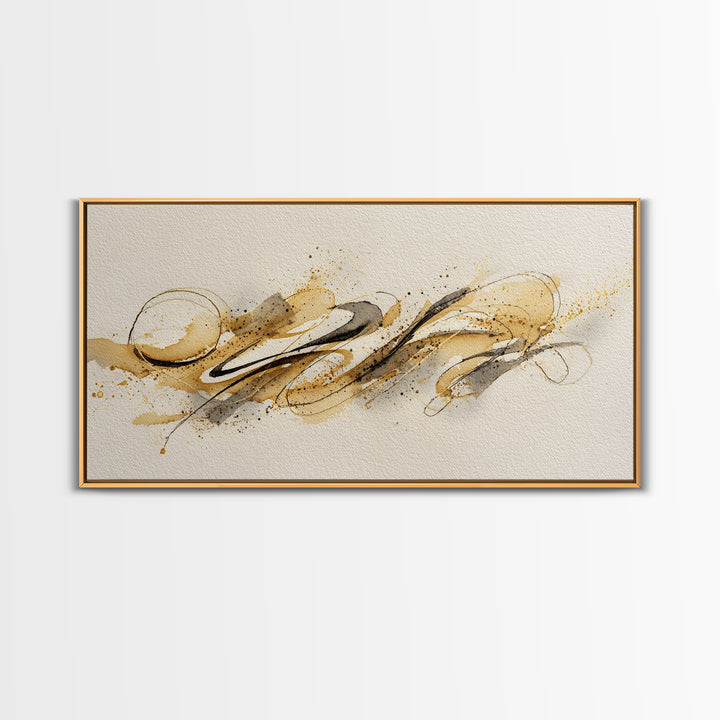 Abstract Gold Calligraphic Strokes on Ivory Paper Canvas Print, Calligraphy Art, Boho Decor, Living Room Decor, Script, CAL-2x1-22