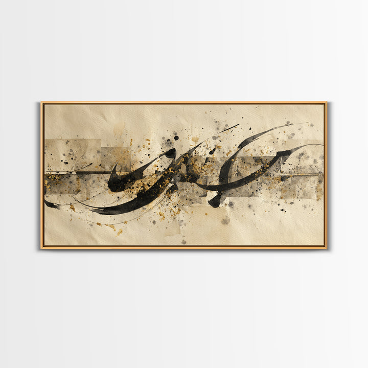 Minimal Black Calligraphy Rhythm Framed Canvas Print, Calligraphy Art, Digital Print, Living Room Decor, Fine Art, Script, CAL-2x1-3