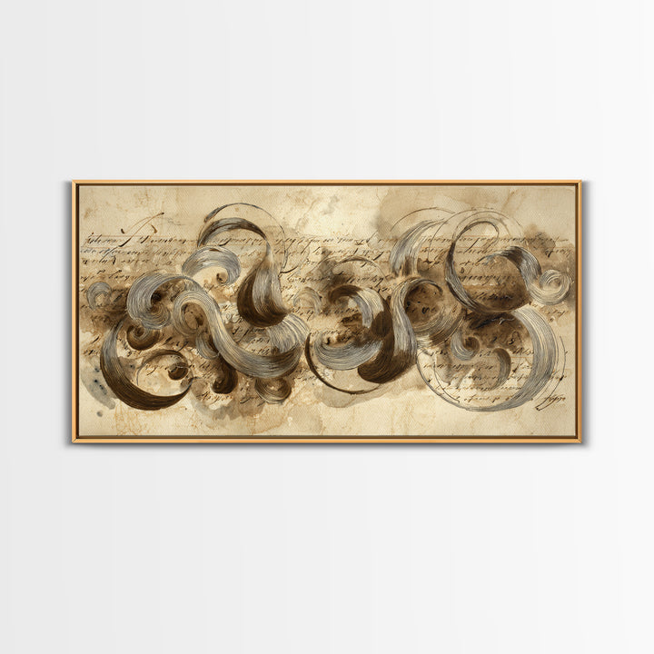 Baroque Scrollwork Made from Looping Pen Strokes Canvas Print, Calligraphy Art, Contemporary Art, Living Room Decor, Script, CAL-2x1-32