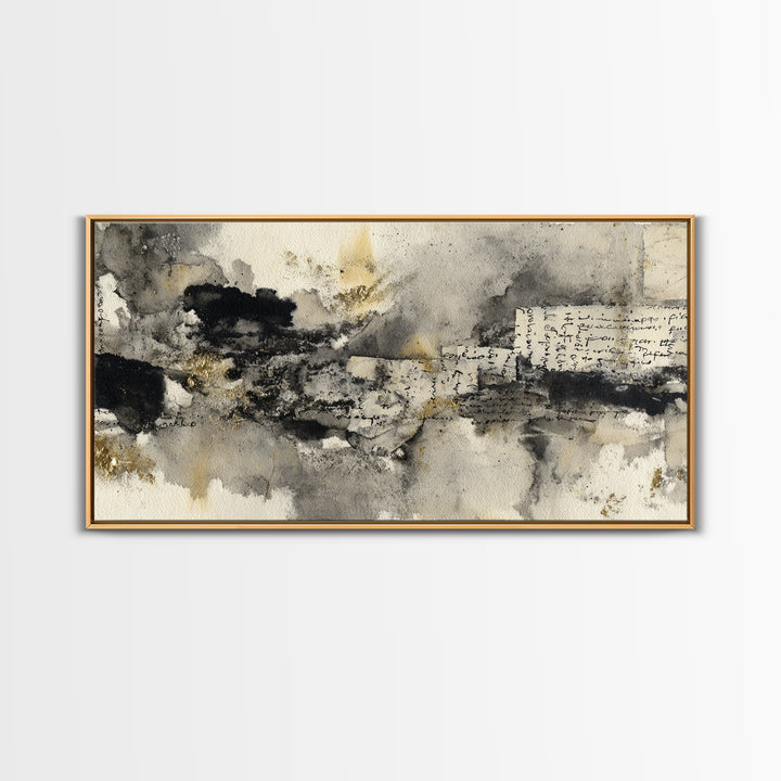 Monochrome Brush Alphabet Fragments as Abstract Texture Canvas Print, Calligraphy Art, Living Room Decor, Script, CAL-2x1-33