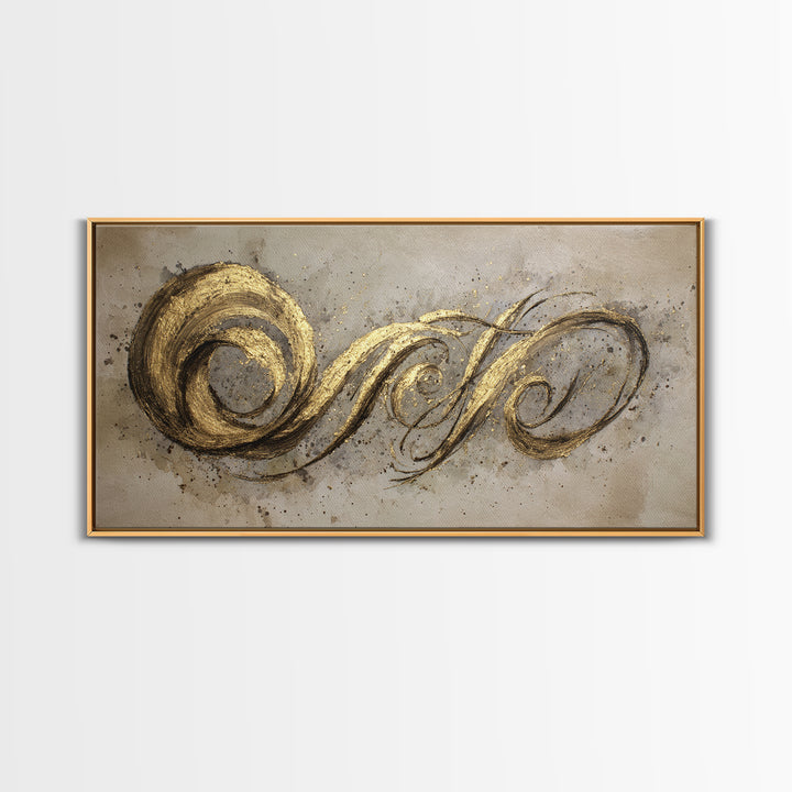 Gold Leaf Calligraphic Spiral on Plaster Surface Canvas Print, Calligraphy Art, Art Print, Living Room Decor, Script, CAL-2x1-34