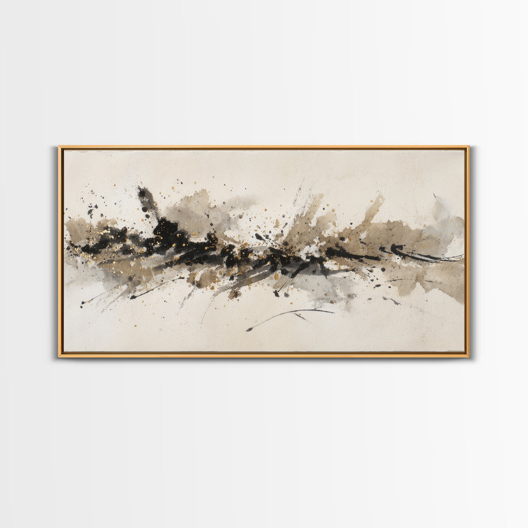 Ink Splatter and Long Brushstroke Composition Canvas Print, Calligraphy Art, Wall Art, Living Room Decor, Fine Art, Script, CAL-2x1-36