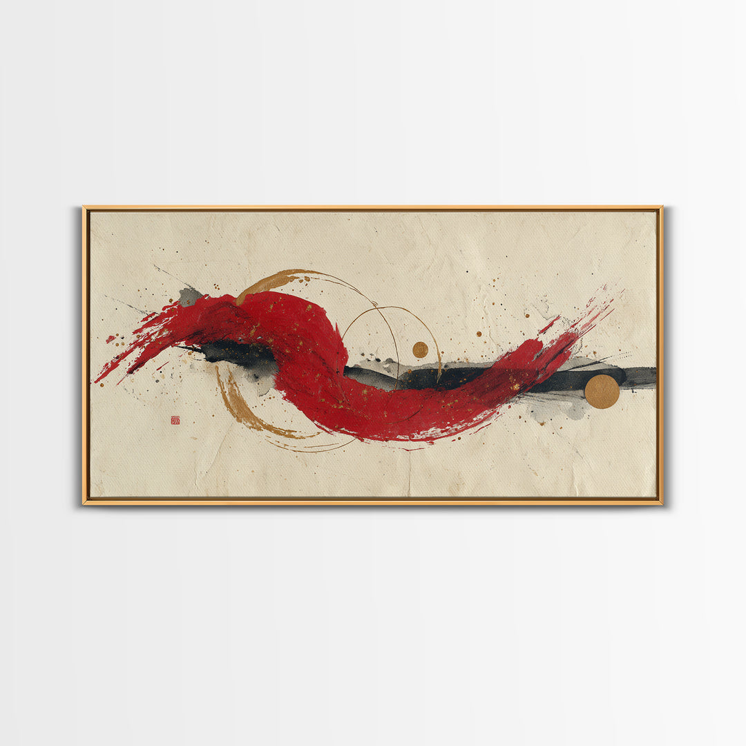 Bold Red Brushstroke Seal Abstraction Canvas Print, Calligraphy Art, Painting, Living Room Decor, Script, Japanese Art, CAL-2x1-39