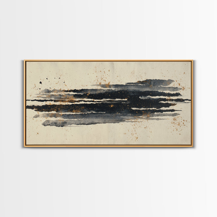 Layered Copper Ink Strokes on Dark Navy Framed Canvas Print, Calligraphy Art, Minimalist Decor, Living Room Decor, Script, CAL-2x1-50