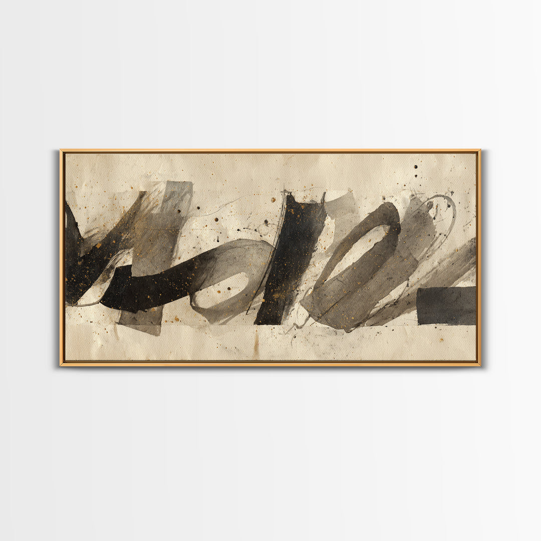 Monochrome Brush Alphabet Fragments as Abstract Texture Canvas Print, Calligraphy Art, Wall Decor, Living Room Decor, Script, CAL-2x1-57