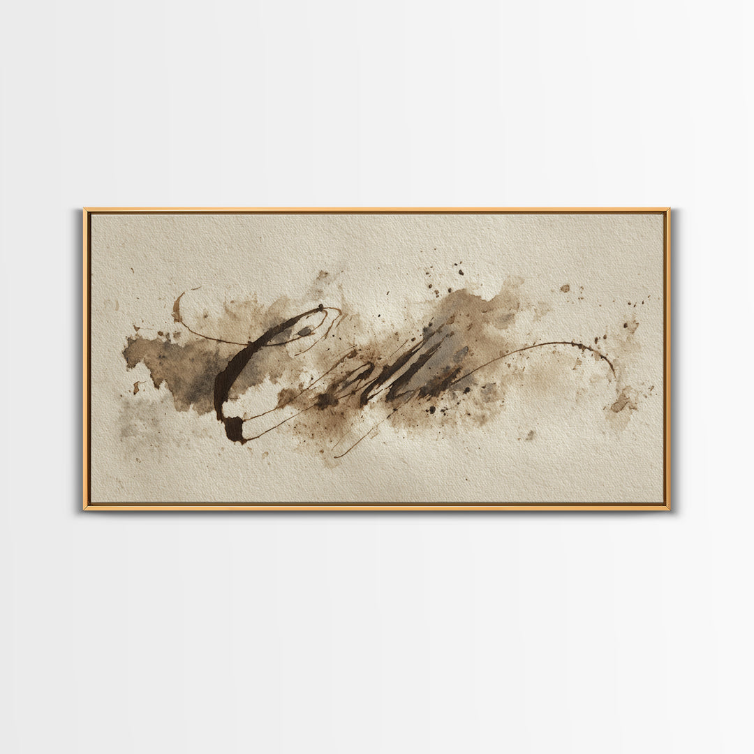Ink Splatter and Long Brushstroke Composition Framed Canvas Print, Calligraphy Art, Prints, Living Room Decor, Fine Art, Script, CAL-2x1-60